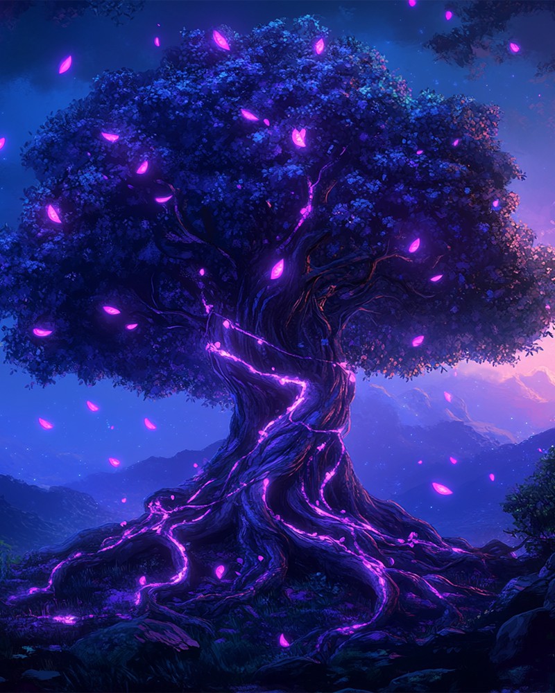 Riesiger magischer Baum mit leuchtenden Ranken